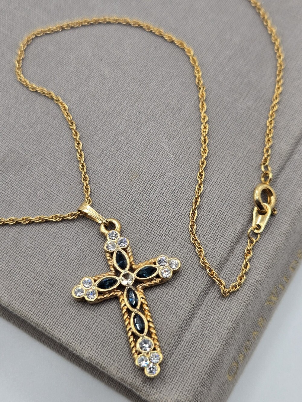 Gold Celtic Cross Crucifix Necklace Renaissance Faire Blue CZ Crystals 18"